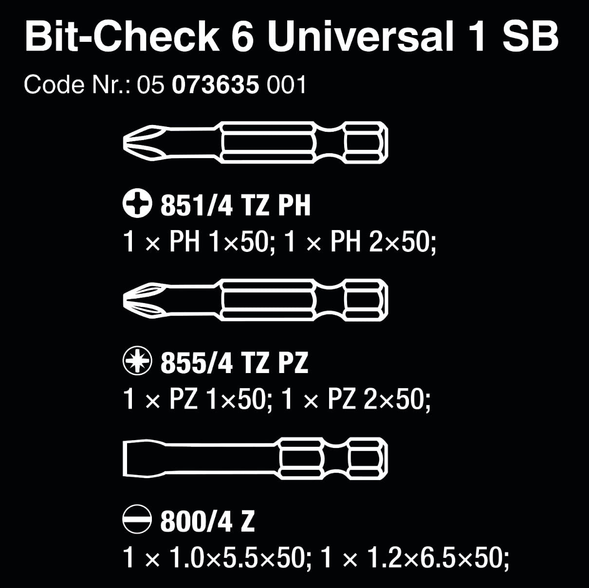 WERA Bit-Check 6 Universal 1 SB Bits for slotted/PH/PZ screws 851/4 TZ PH 1 x PH 1x50; 1 x PH 2x50;8