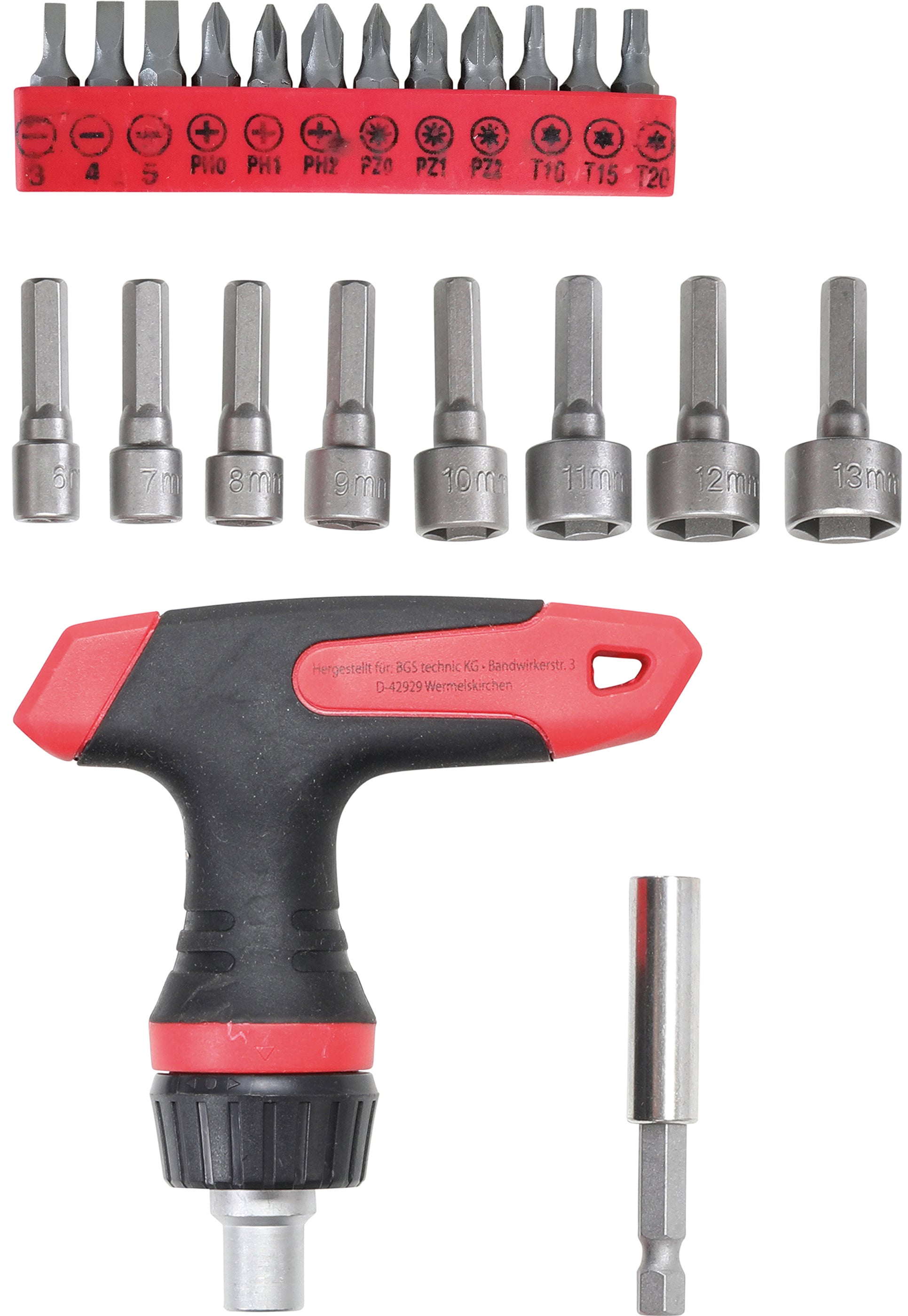 Bit-/topnøglesæt | med skraldehåndtag til bits, med afbryder | Version med T-håndtag | 22 dele