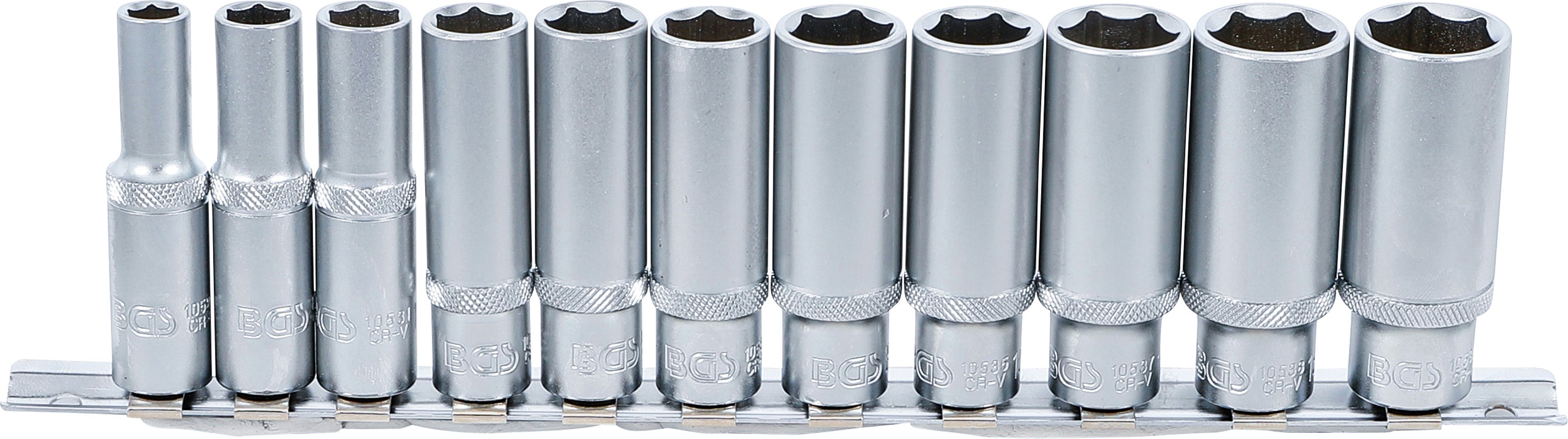 Topnøglesæt sekskant, dyb | 10 mm (3/8") | 8 - 19 mm | 11 dele