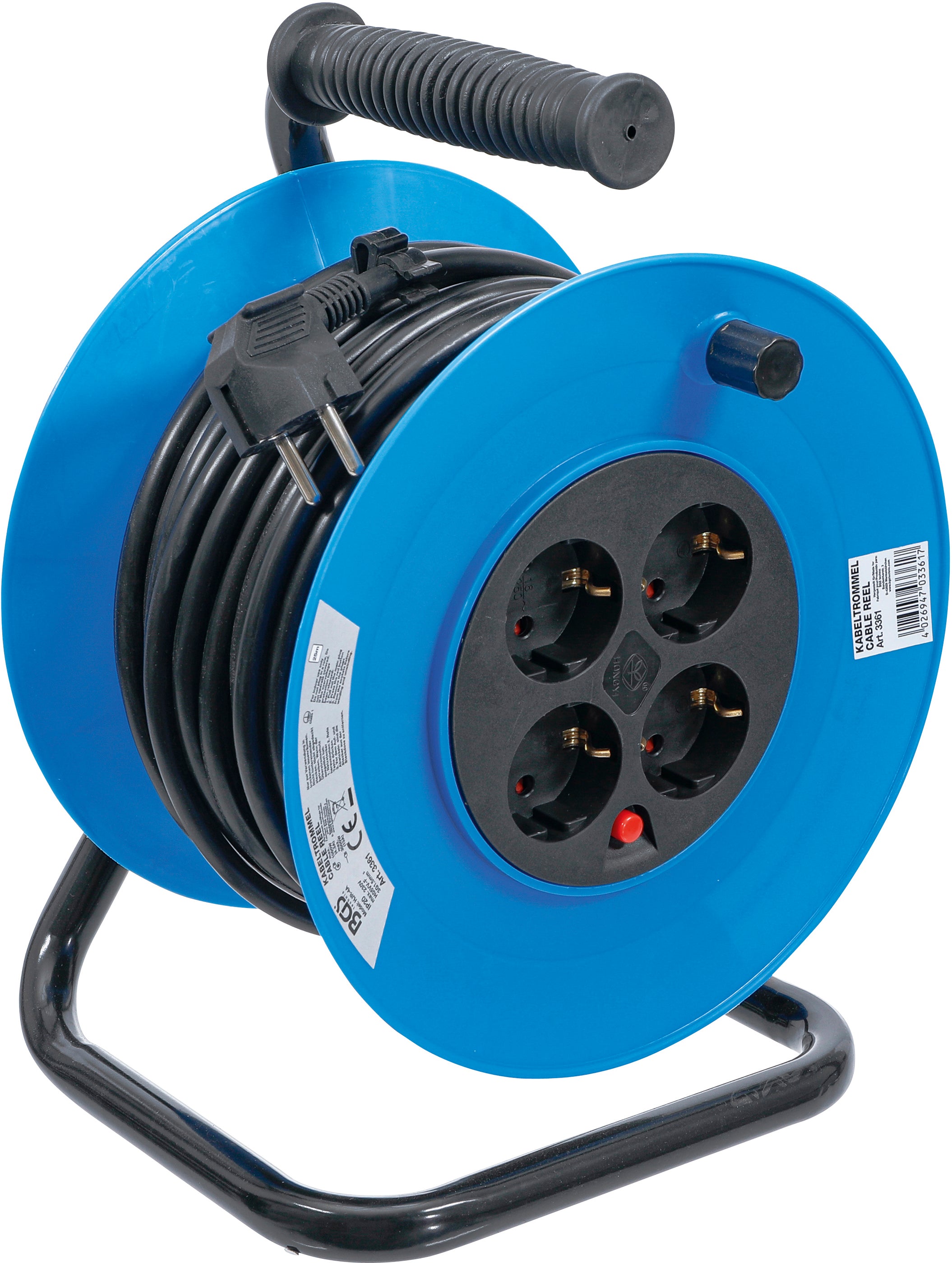Kabeltromle | 25 m | 3 x 1,5 mm² | 4 stikkontakter | IP 20 | 3000 W