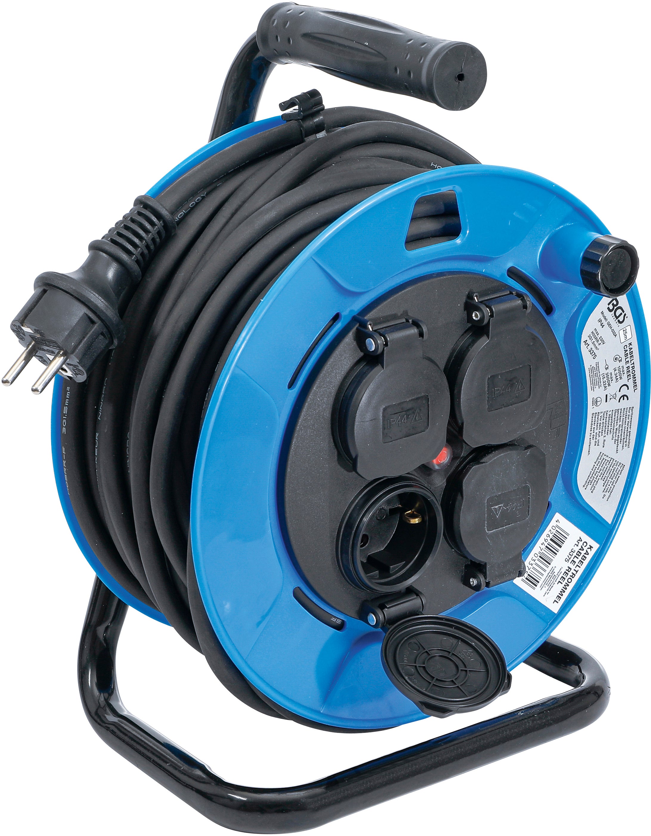 Kabeltromle | 25 m | 3 x 1,5 mm² | 4 stikkontakter med dæksel | IP 44 | 3500 W