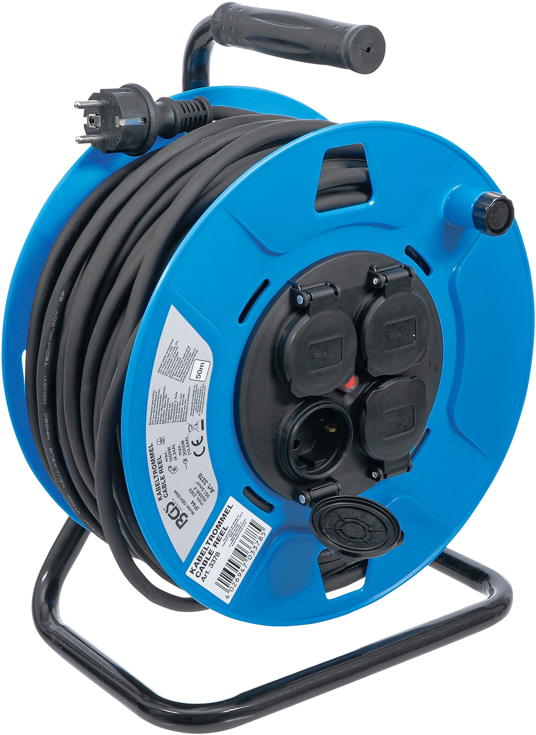 Kabeltromle | 50 m | 3 x 1,5 mm² | 4 stikkontakter med dæksel | IP 44 | 3500 W