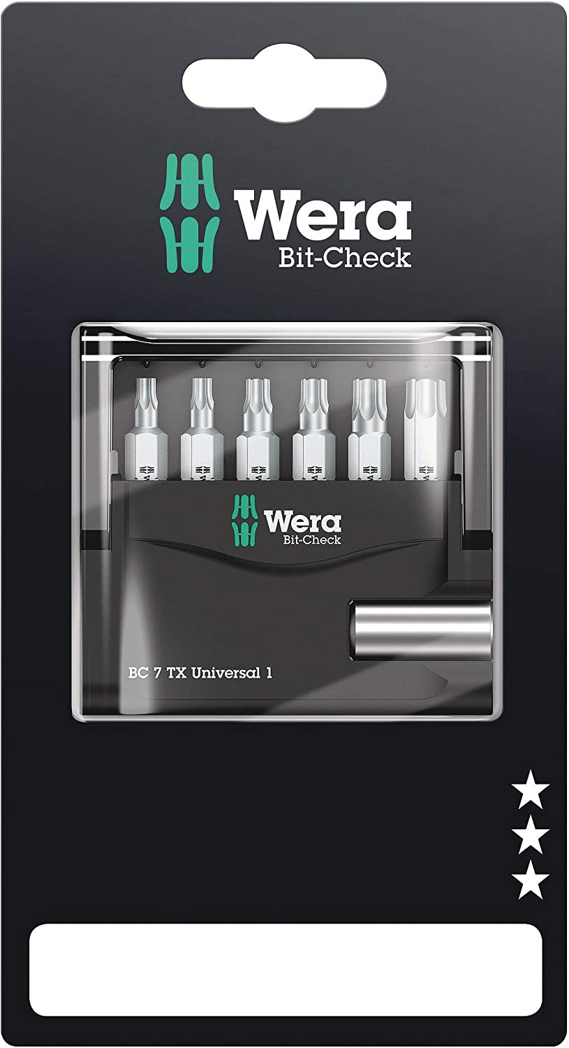 WERA Bit-Check 7 TX Universal 1 SB Bits for TORX screws + Bitholder 893/4/1 K 1 x 1/4"x50;867/1 TORX