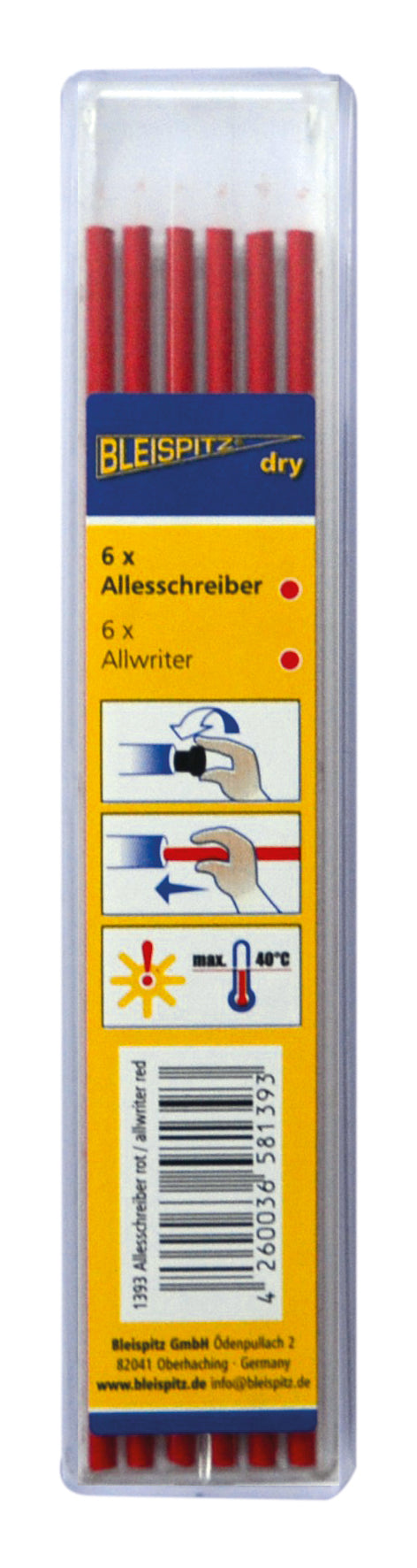 BLEISPITZ Løse stifter til tør Profi Kridt rød 6 stk.