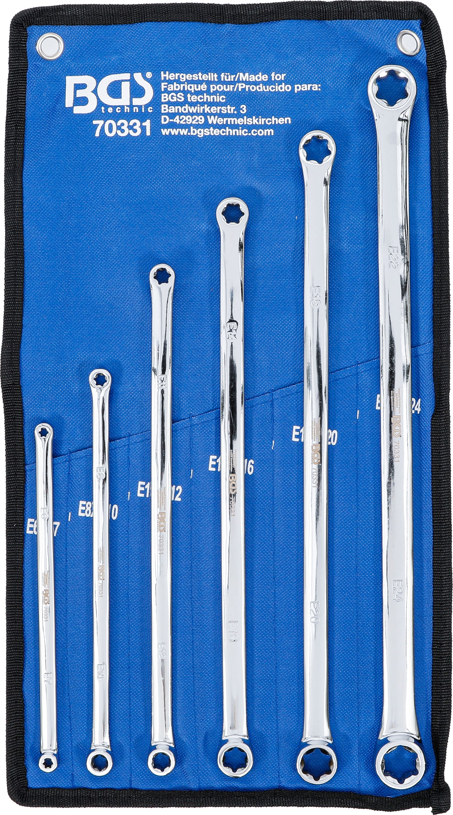 Dobbelt ringnøglesæt med E-profilringe | ekstra lang | E6 x E7 - E22 x E24 | 6 dele