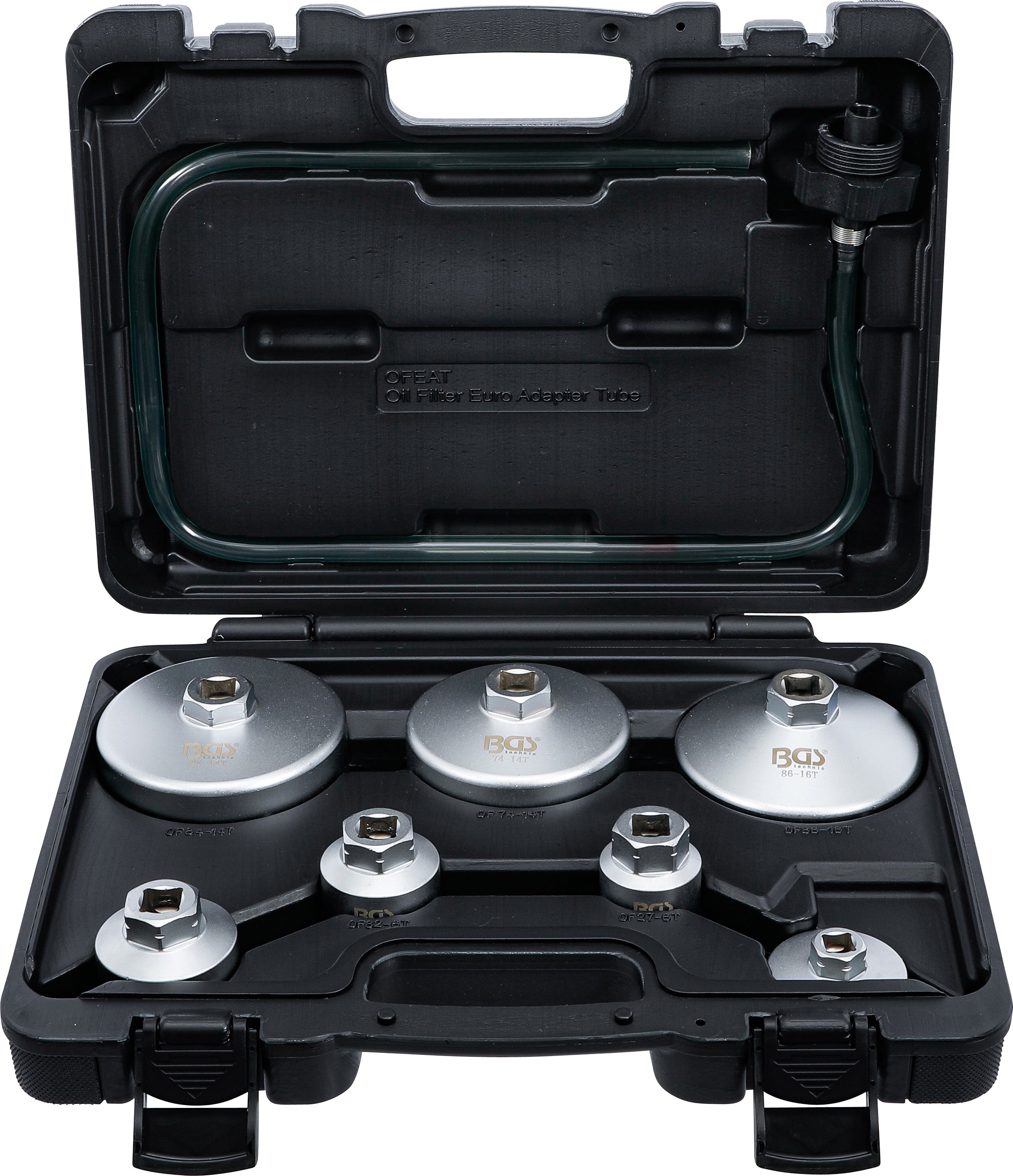 Oljefilternyckel-sats | med oljefilter-avtappningsslang | för VAG, BMW, Citroën, Peugeot, Ford, Mercedes-Benz, Opel, Volvo | 8 delar