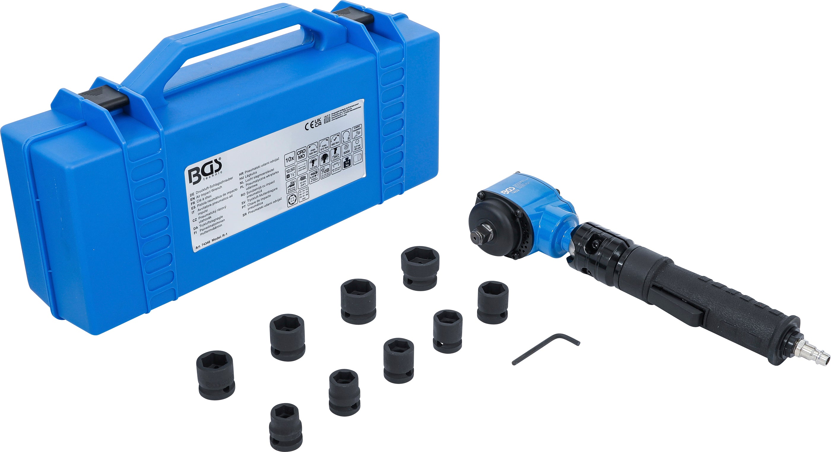 Trykluftnøgle | Vinklet kobling og topnøglesæt | 12,5 mm (1/2") | 650 Nm | 10 dele