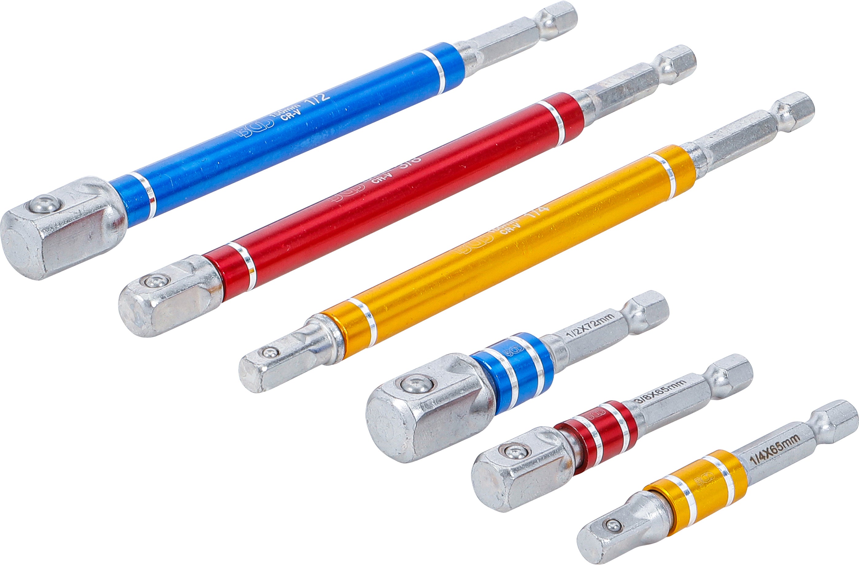 Adaptersæt til boremaskiner | farvet | Udvendig sekskant 6,3 mm (1/4") | Udvendig sekskant 6,3 mm (1/4"), 10 mm (3/8"), 12,5 mm (1/2") | 75 - 150 mm | 6 stk.