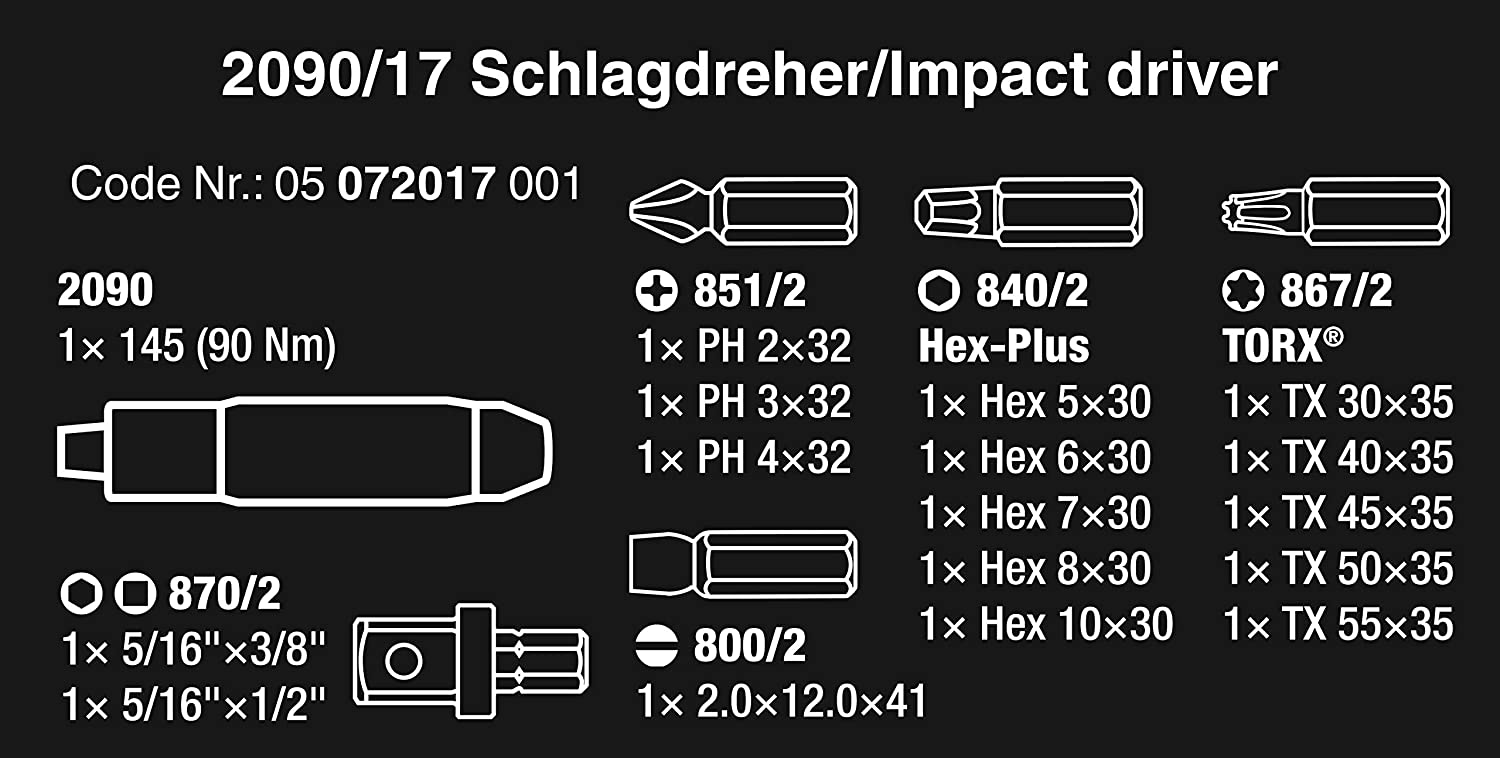 WERA 2090/17 Impact driver set 2090 90 Nm 1 x 5/16"x142,0;851/2 Z PH 1 x PH 2x32; 1 x PH 3x32;851/2