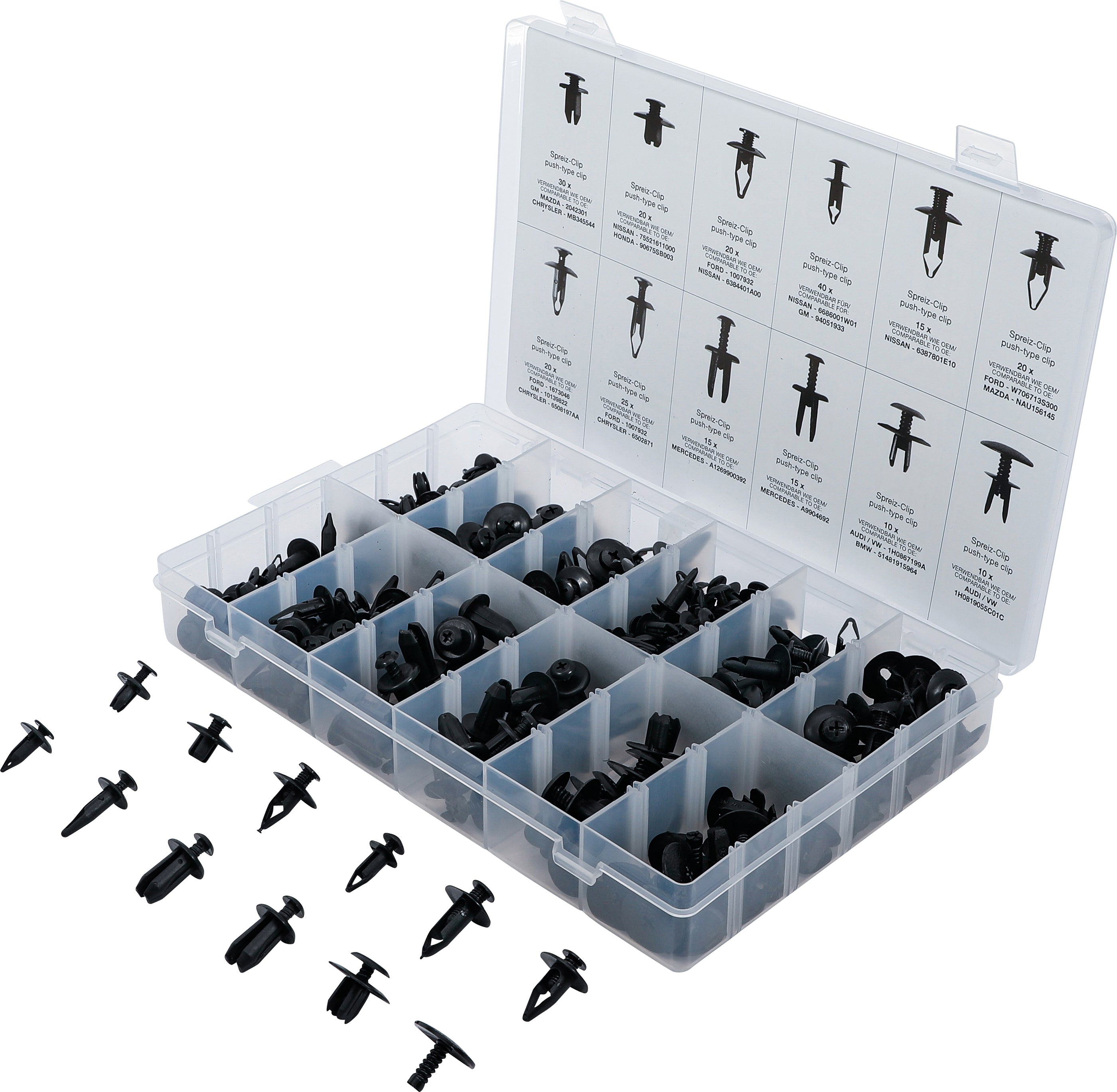 Plastik-ekspanderklemmer, sortiment til Mazda, Honda, Ford, Nissan, VW | 240 dele