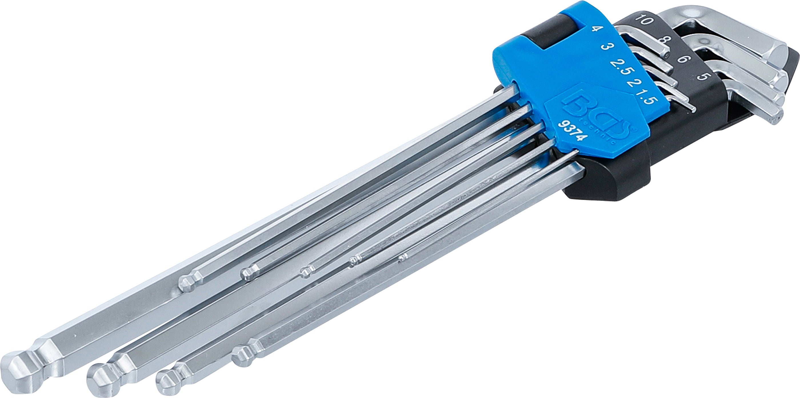 Vinkelnøglesæt | ekstra lang + ekstra kort | Sekskantindvendig sekskant / Sekskantindvendig sekskant med kuglehoved 1,5 - 10 mm | 9 dele