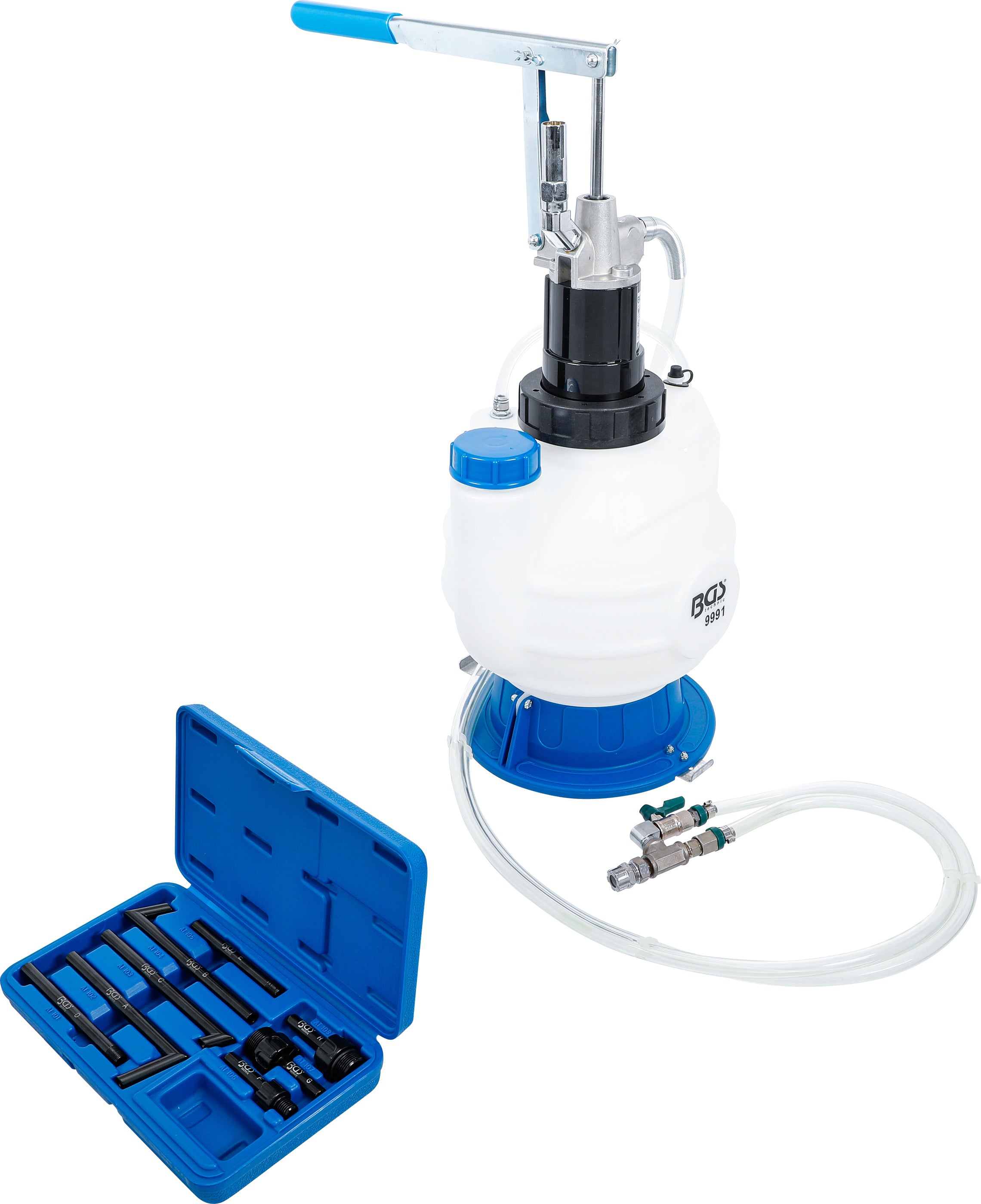 Oliepåfyldningstank med håndpumpe | med retursystem | med 8 adaptere | 7 liter