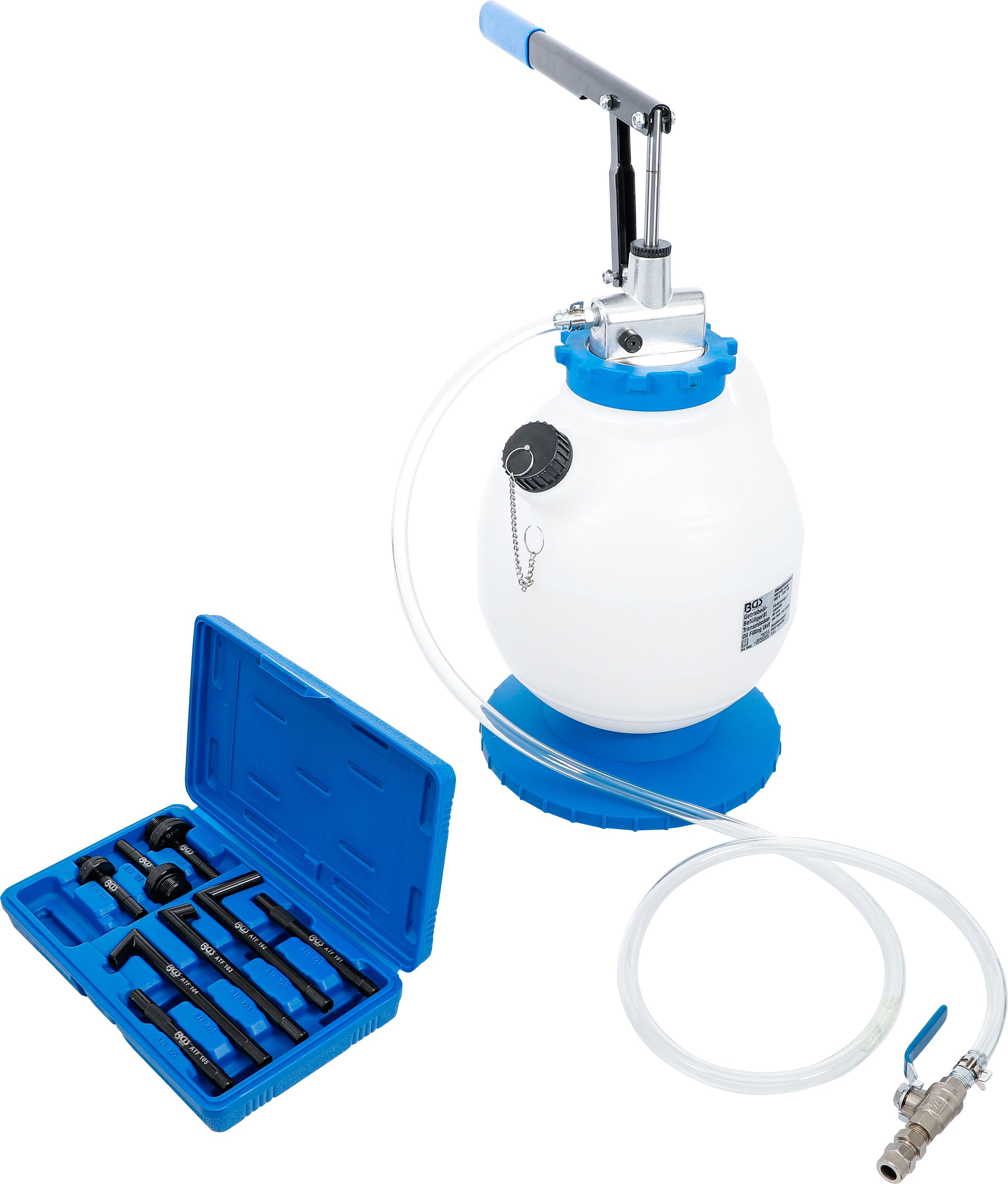 Oliepåfyldningsanordning med håndpumpe | med 8 adaptere | 7 l