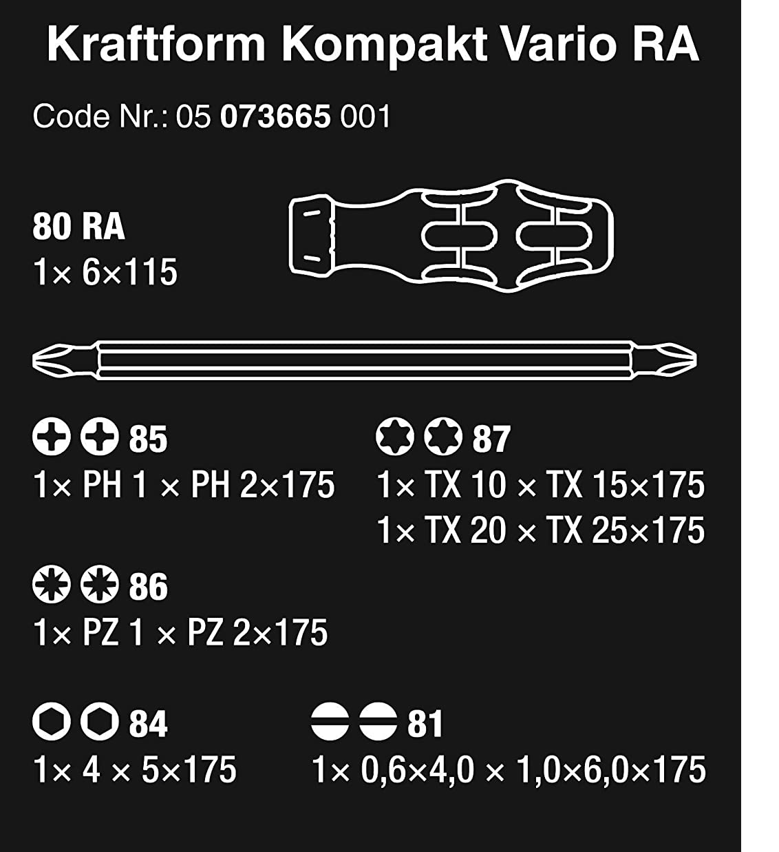 WERA Kraftform Kompakt Vario RA Vario-ratchetdriver with magazine 80 RA 1 x 6x115,0;85 1 x PH 1xPH 2