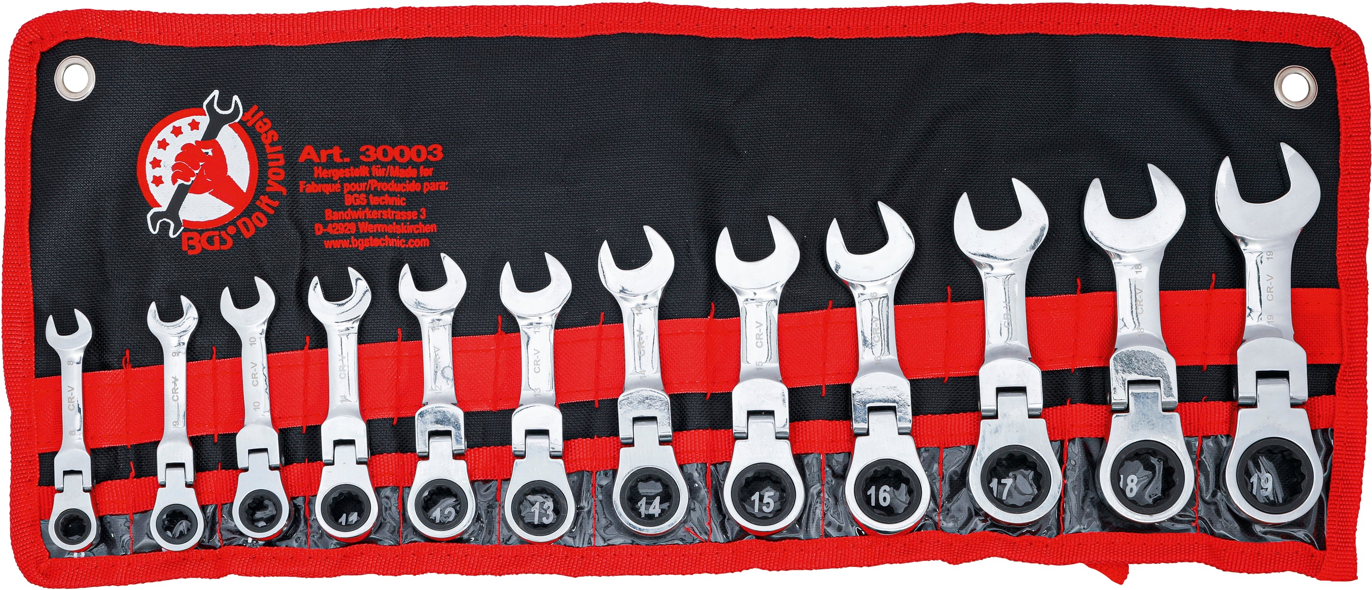 Ringnyckelsats med spärr | extra kort | 8 - 19 mm | 12 delar