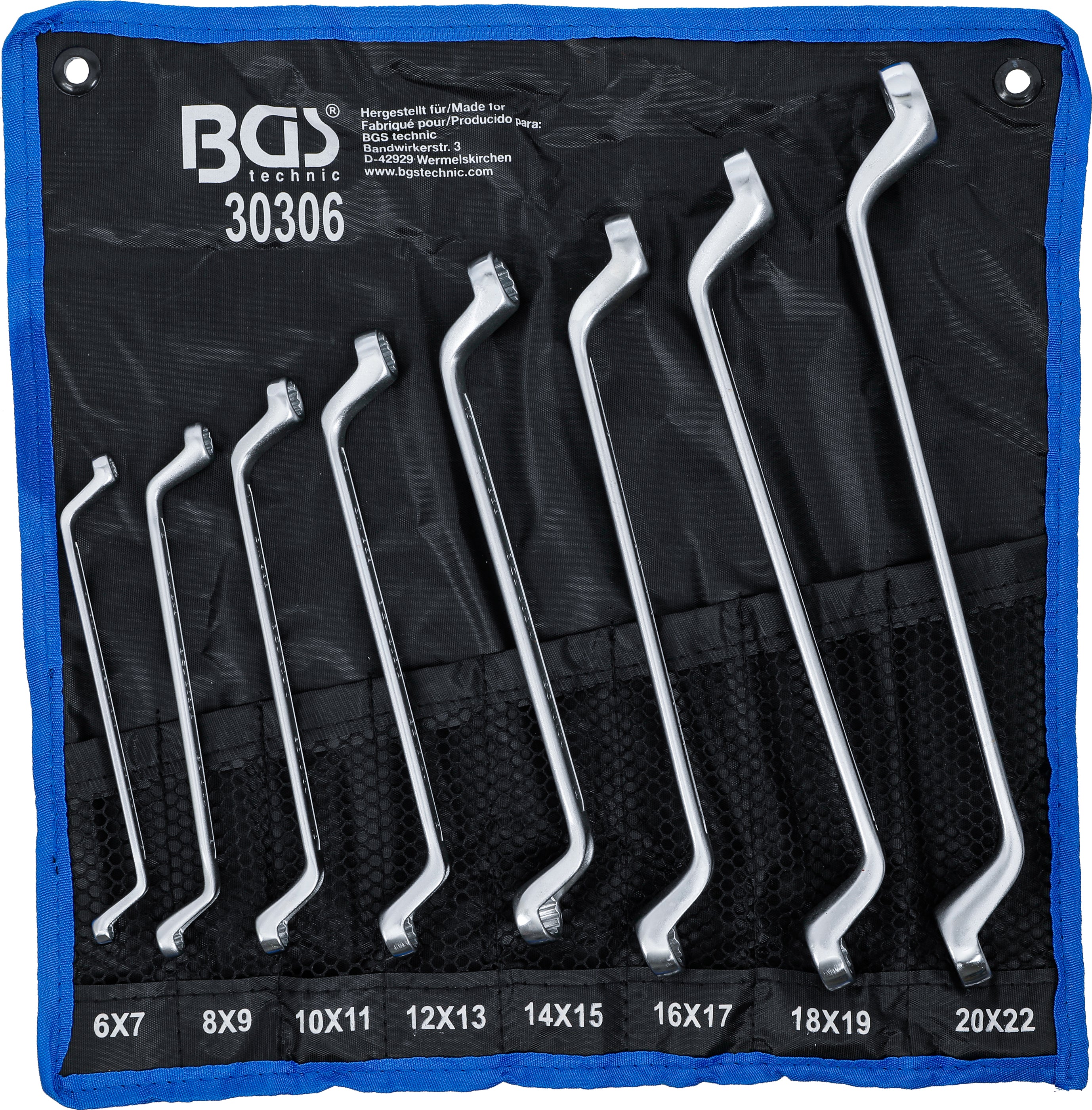 Dobbelt ringnøglesæt | Dybbukket | 6 x 7 - 20 x 22 mm | 8 dele