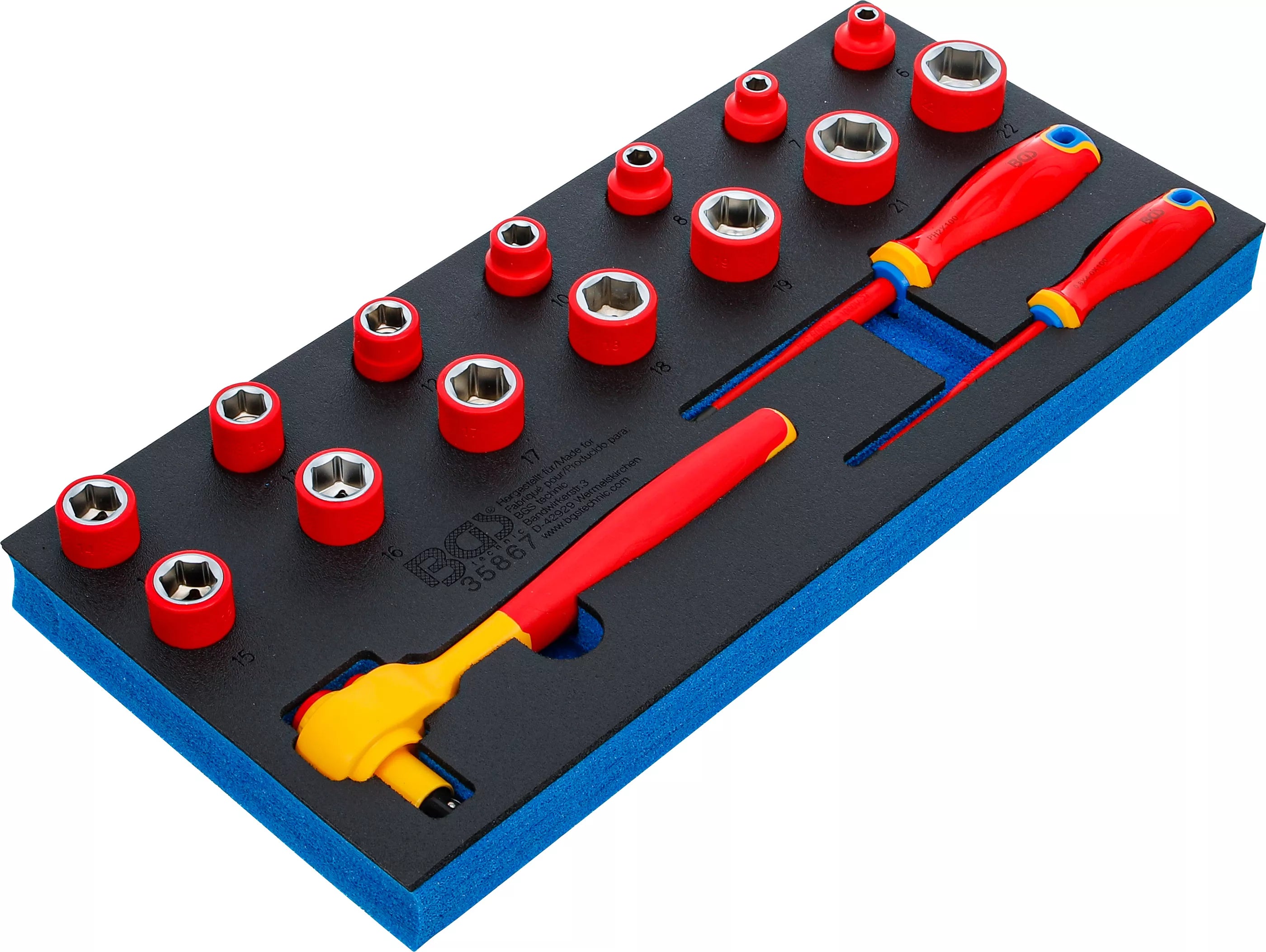 Værkstedsvognsindsats 1/3: VDE topnøgle- og skruetrækkersæt | 10 mm (3/8") | 17 dele