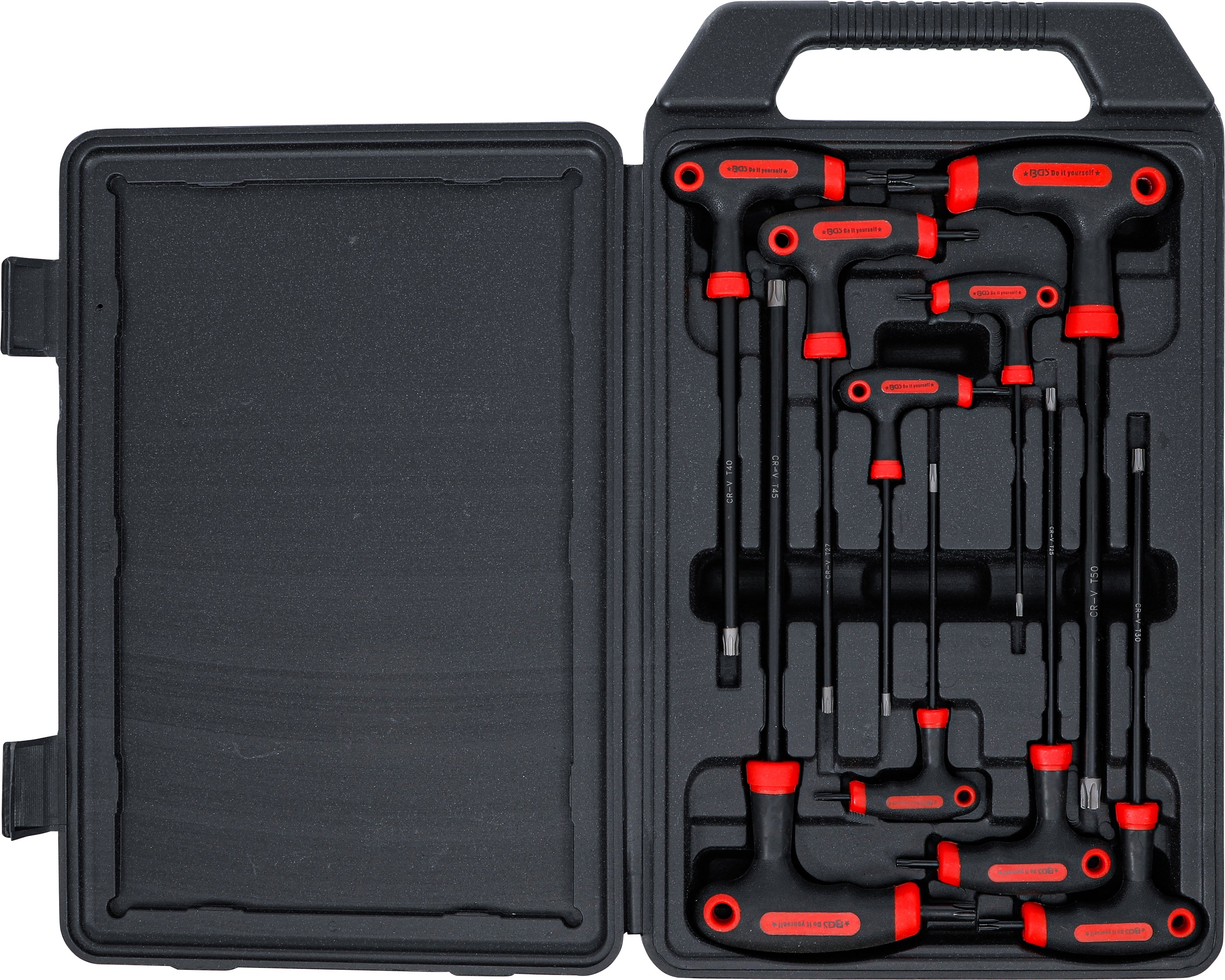 Skruvmejselsats med T-handtag och klinga på sidan | T-Profil (för Torx) med borrning | T10 - T50 | 9 delar