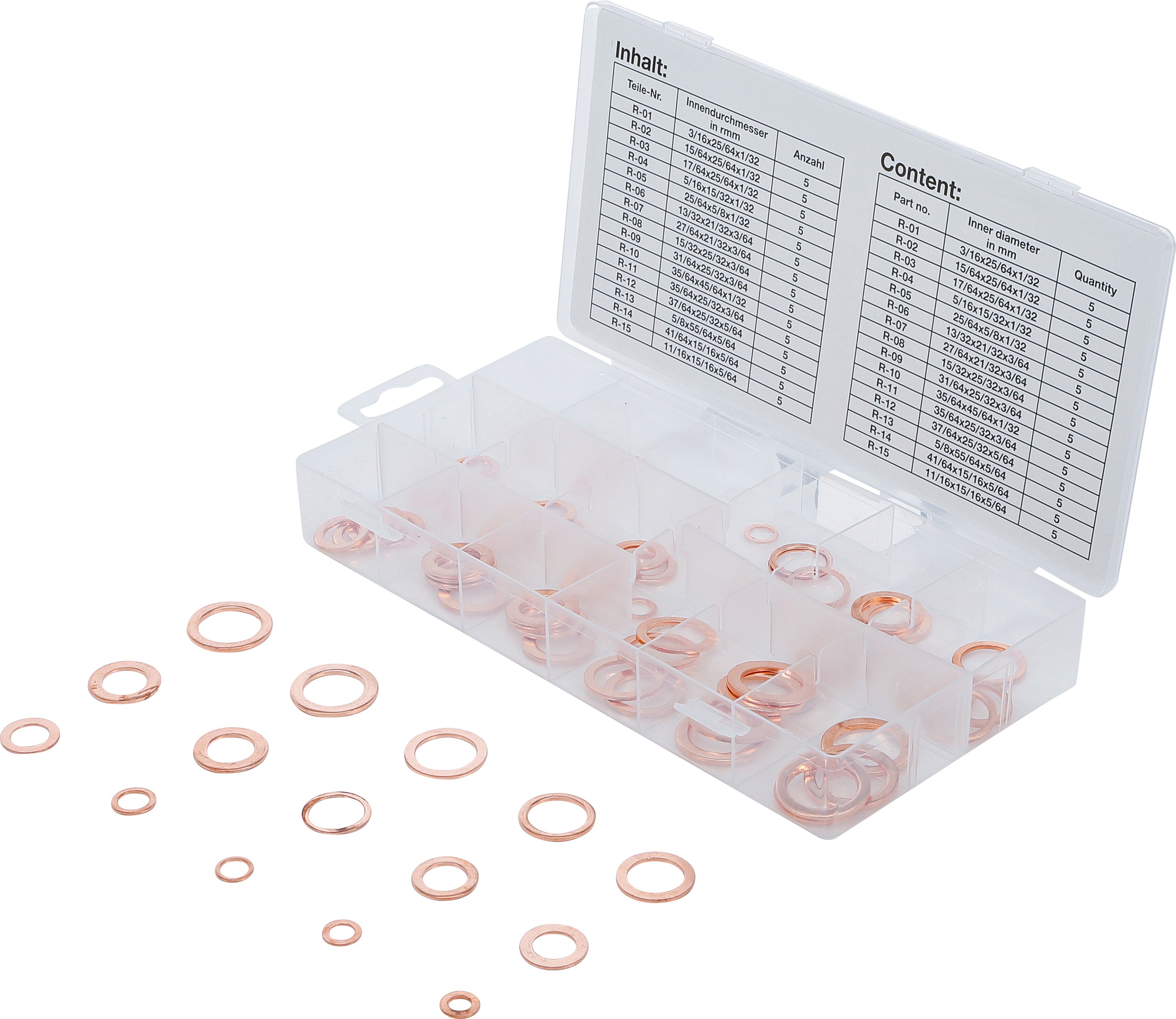 Pakningsringssortiment | Kobber | Tommestørrelser | Til olieaftapningspropper | 75 stk.